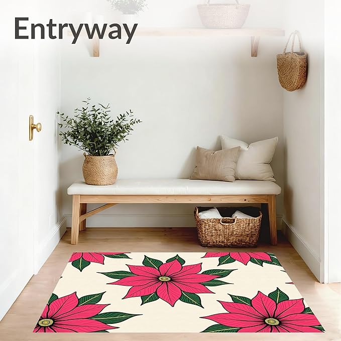 Flatwoven High Traffic Area Rug 3x5, Holiday Poinsettia Bathroom Festive Winter Floral Shower Curtain, Non Slip, Stain Resistant, Washable Area Rugs for Living Room, Bedroom (Pink, 3x5)
