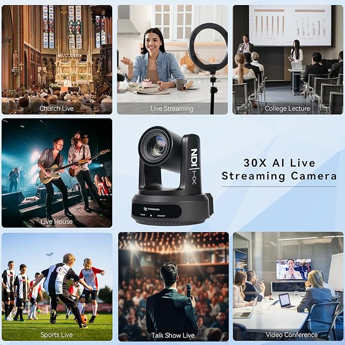 TONGVEO NDI AI Auto-Tracking IP PTZ Camera SDI/HDMI/USB3.0/LAN PoE 30X Optical + 8X Digital Zoom 1080P 60fps for Live Streaming Church Services Education Video Conference with OBS vMix and More