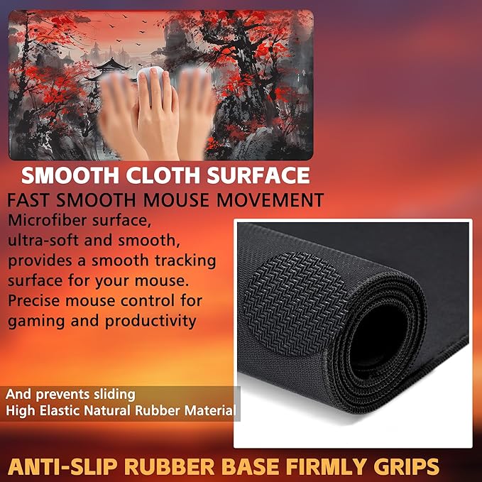 KOAIWPAE Desk Mat, Red Landscape Painting Desk Pad, Ink Painting Large Gaming Mouse Pad for Desk, 31.5"x15.7" Extended Big Computer Keyboard Mouse Pad with Non-Slip Base and Stitched Edge