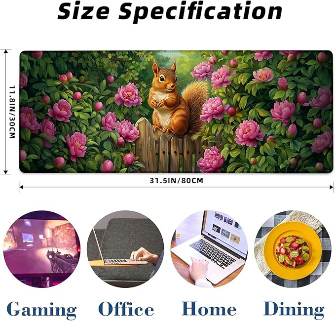 Kibue Squirrel Gaming Mouse Pad Extended Desk Computer Keyboard Laptop Mouse Pads for Gaming Home Office Work, Large Long Desk Mat Mousepad with Non-Slip Rubber Base 31.5×11.8inch(19)