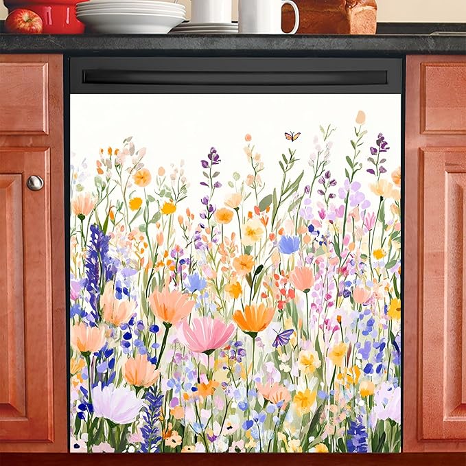 Dishwasher Magnet Cover 23x26 in Painted Pastel Flower Field with Butterflies Magnetic Dishwasher Cover for Kitchen Appliance Decoration Front Panel Sticker Panel Home Decor