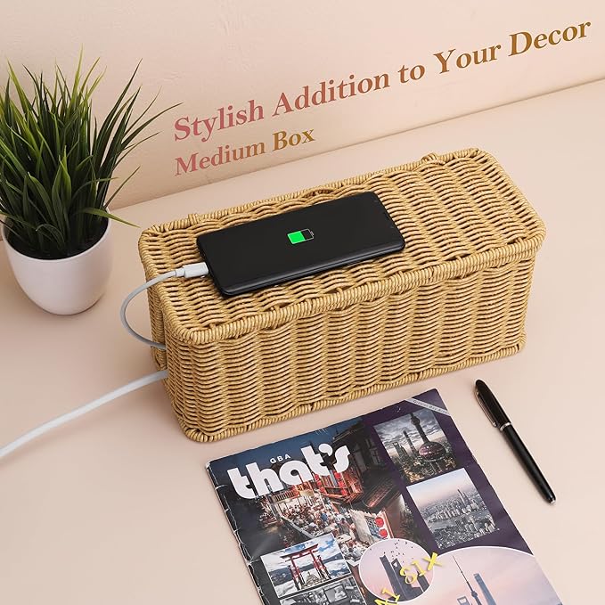 ZhiYo Rattan Cable Management Box, Brown Cord Organizer, 13.5" x 6.2" x 6"