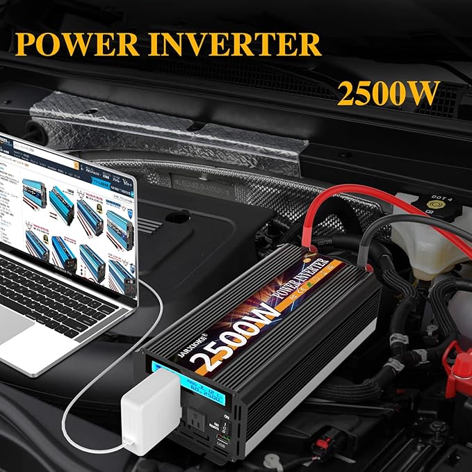 JARXIOKE 2500W Power Inverter 12V DC to AC 110V/120V (Peak) 5000W Converter 3 sockets car Inverter with Remote Control and LED Display 3.4A USB Port