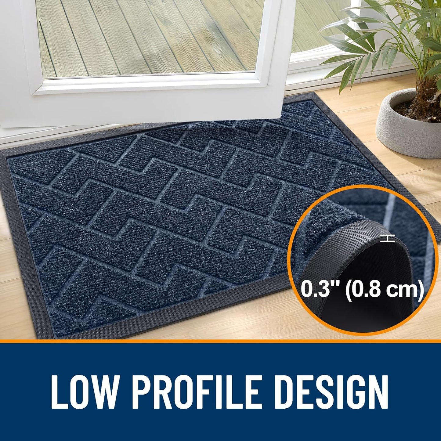OLANLY Waterproof Front Door Mat - All-Season Herringbone Design, Easy Clean, Natural Rubber | Blue, 71x47