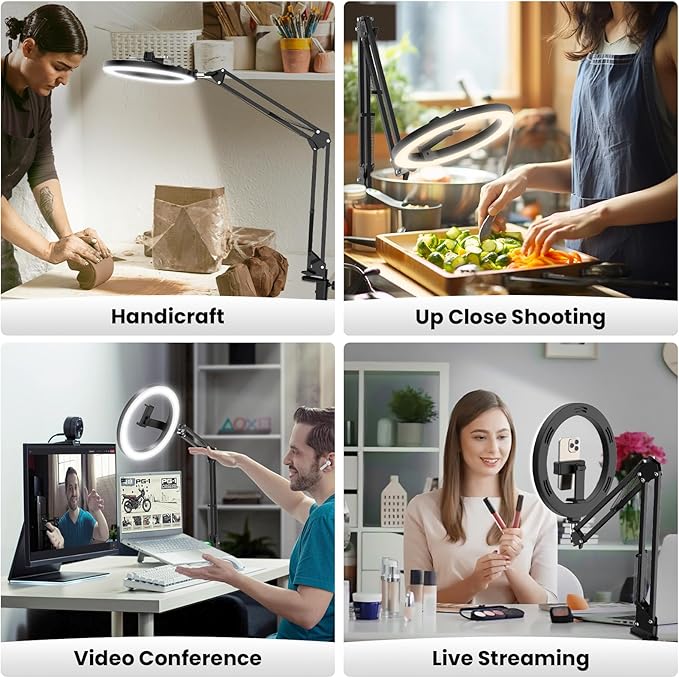 Ring Light for Desk, Overhead Phone Mount with 10" Selfie Light with Stand, Luxsure Phone Tripod with Light for Recording, Streaming, Vlogging, TikTok YouTube Creator Essentials with Bluetooth Control