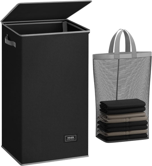 SOLEDI Laundry Hamper - 100L Black Collapsible Basket with Lid & Removable Bag for Clothes Storage