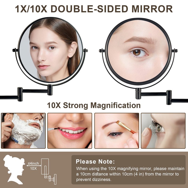 JANEEVA 8" Wall Mounted Makeup Mirror, 1X/10X Magnifying Mirror with 360° Extendable Arm, Double Sided Bathroom Vanity Mirror for Man & Woman (Matte Black)