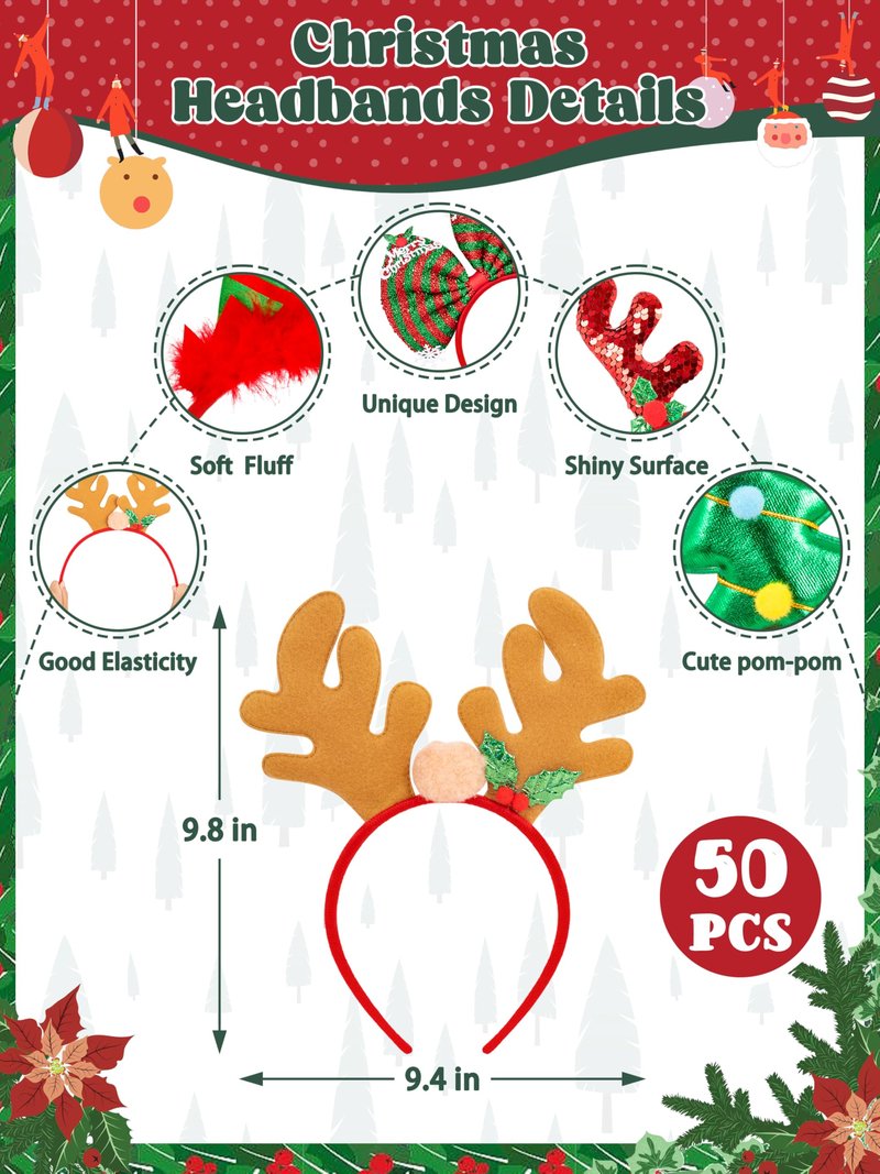 HOVACY 50 Pcs Christmas Headbands, Christmas Headband, Quality Felt Xmas Headbands for Women for Xmas Decorations