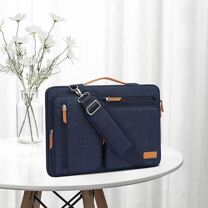 MOSISO 360 Protective Laptop Shoulder Bag,13-13.3 inch Computer Bag Compatible with MacBook Pro 14, HP, Dell, Lenovo, Asus Notebook,Side Open Messenger Bag with 4 Zipper Pockets&Handle, Navy Blue