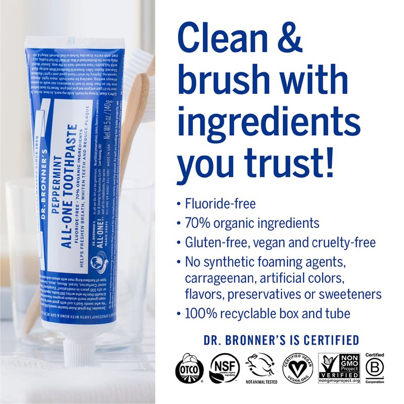 Dr. Bronner’s All-One Toothpaste– Peppermint & Spearmint, 5 oz, 2-Pack– Fluoride-Free Toothpaste for Adults, 70% Organic & Natural Ingredients, Vegan, Helps Freshen Breath, Reduce Plaque, Whiten Teeth