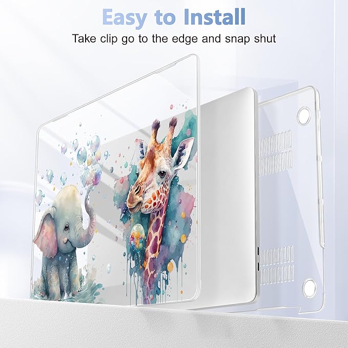 Lepeoac Case for MacBook Pro 13 inch Case M2 2022-2016 A2338 M1 A2251 A2289 A2159 A1989 A1708 A1706, Plastic Hard Shell + Keyboard Cover + Dust Plug - Elephant & Giraffe