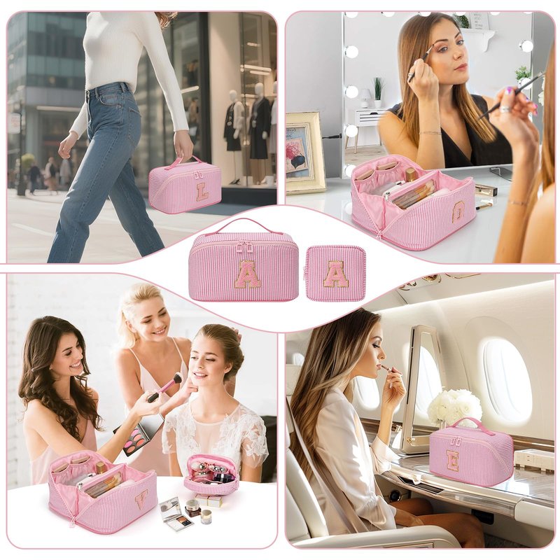 2026 Graduation Gifts - Travel Makeup Bag for Women, 2Pcs Portable Personalized Initial Makeup Organizer Bag, Open Flat Large Cosmetic Bag With Travel Essential Pouch (Pink Letter R)
