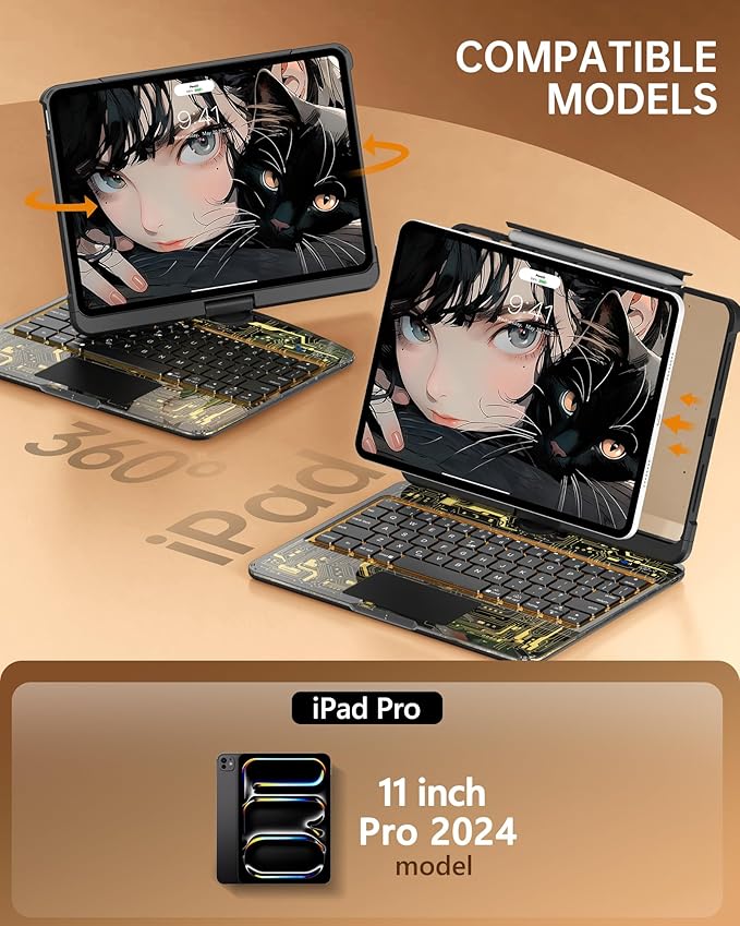 Intermerge Transparent Keyboard Case for iPad Pro 11"(M5,2025/ M4,2024), 360° Swivel Multi-Touch Trackpad, 7-Color RGB Backlit, Pencil Holder, Type-C, Power Indicator, Shadow Pulse