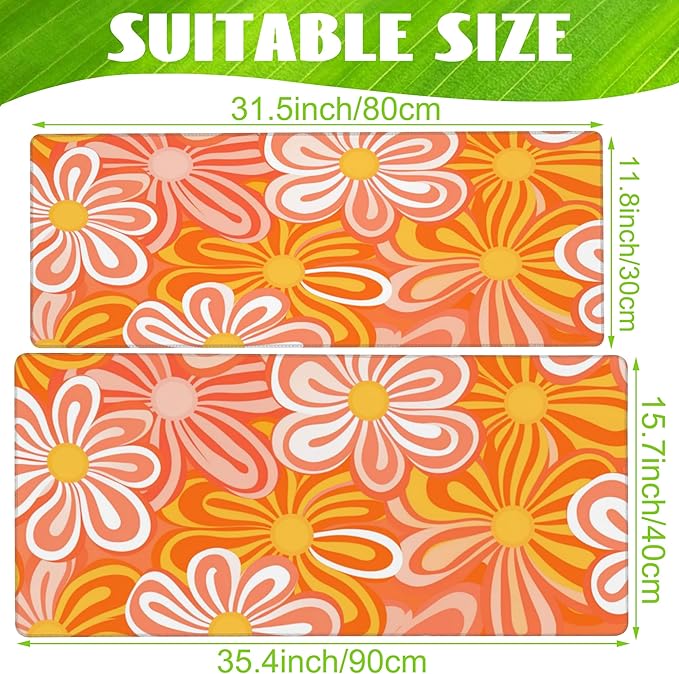 Eflxamz Desk Pad,Hippie Vintage Orange Flowers Desk Mat,Retro Floral Large Gaming Mouse Pad for Desk,Extended Big Computer Keyboard Mouse Pad with Non-Slip Base and Stitched Edge,35.4"x15.7"