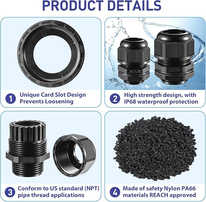 RTHIEAI 25 PCS 1/2"(6-12.5mm) NPT Nylon Cable Gland Joints with Gaskets, IP68 Adjustable Lock Nut Strain Relief Cord Grip Waterproof Cable Glands - UL Listed and RoHS Compliant