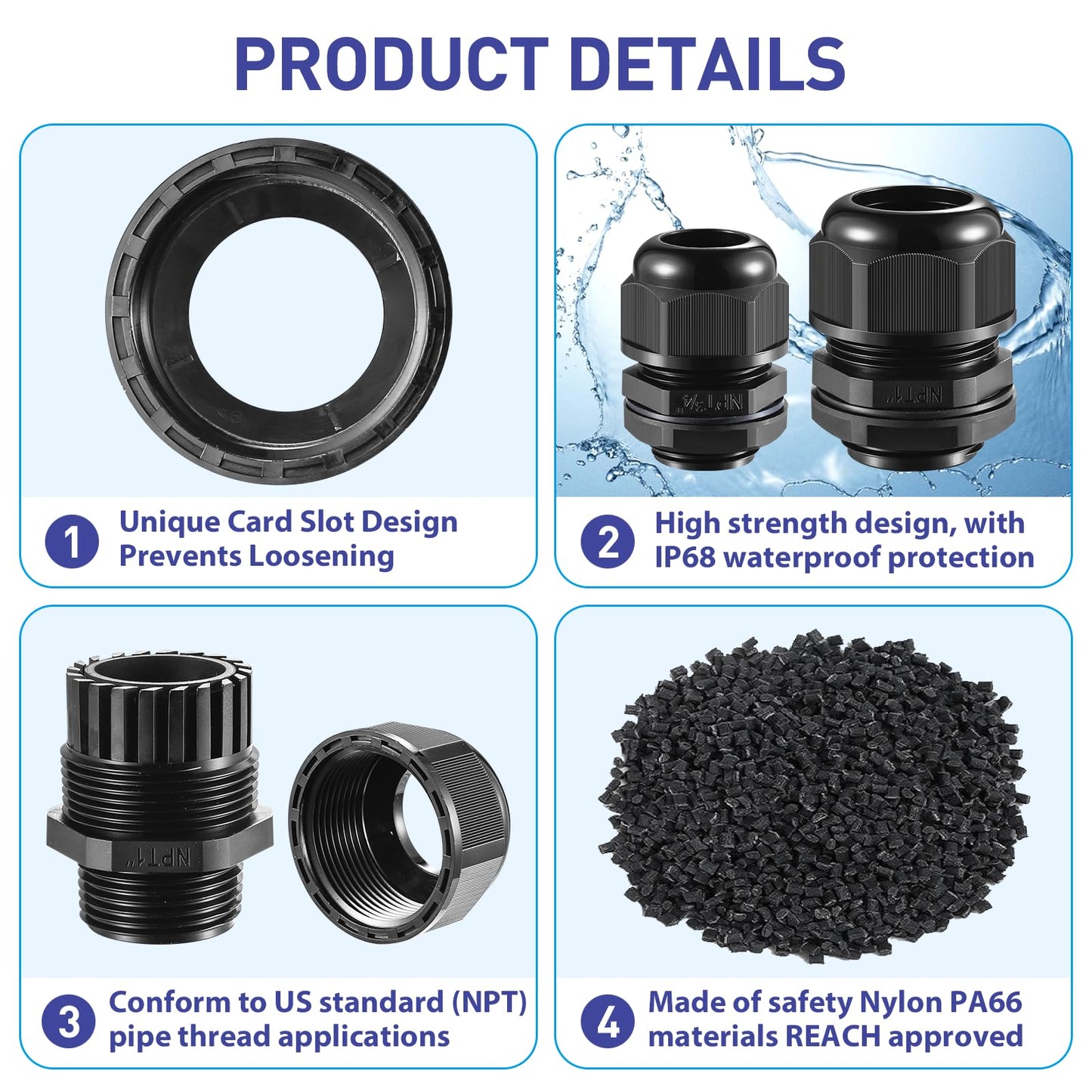 RTHIEAI 25 PCS 1/4"(4-8mm) NPT Nylon Cable Gland Joints with Gaskets, IP68 Adjustable Lock Nut Strain Relief Cord Grip Waterproof Cable Glands - UL Listed and RoHS Compliant