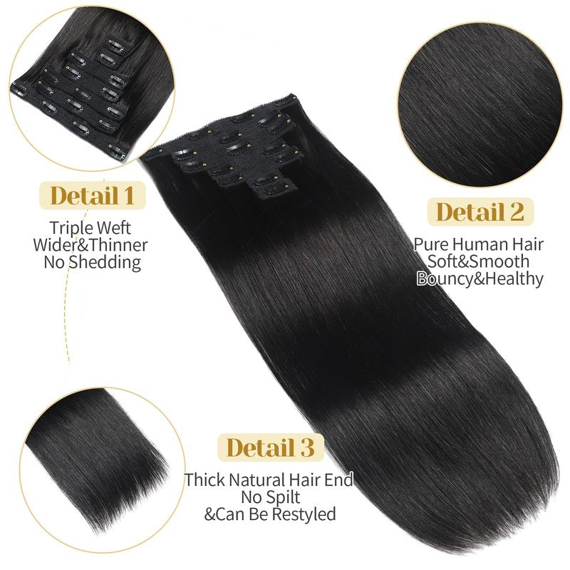 Mocona Clip in Hair Extensions Real Human Hair, Natural Black–18 Inch 7pcs 70g/Pack, Soft Remy Human Hair Clip in Extensions Straight for Women, Capable for all Occasions (#1B 18 Inch)