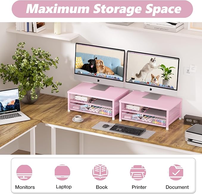 OPNICE Computer Monitor Stand Riser, Desk Organizer with Drawer, Printer & Laptop Stand, Office Desk Accessories & Workspace Desktop Organizers Storage for Office Supplies(Pink)