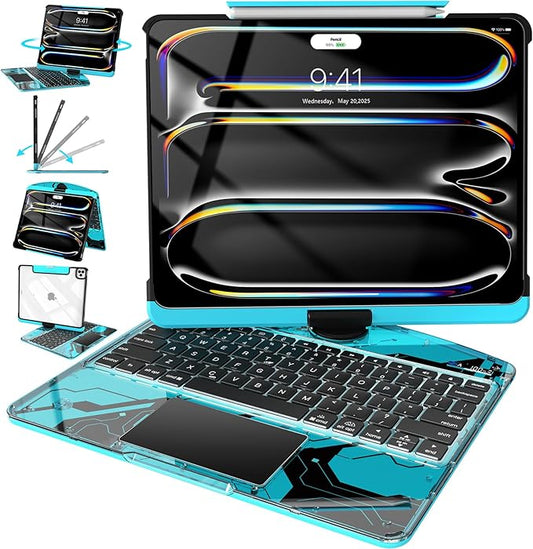 Intermerge Transparent Keyboard Case for iPad Pro 13"(M5,2025/ M4,2024), 360° Swivel Multi-Touch Trackpad, 7-Color RGB Backlit, Pencil Holder, Type-C, Power Indicator, Aqua Pulse
