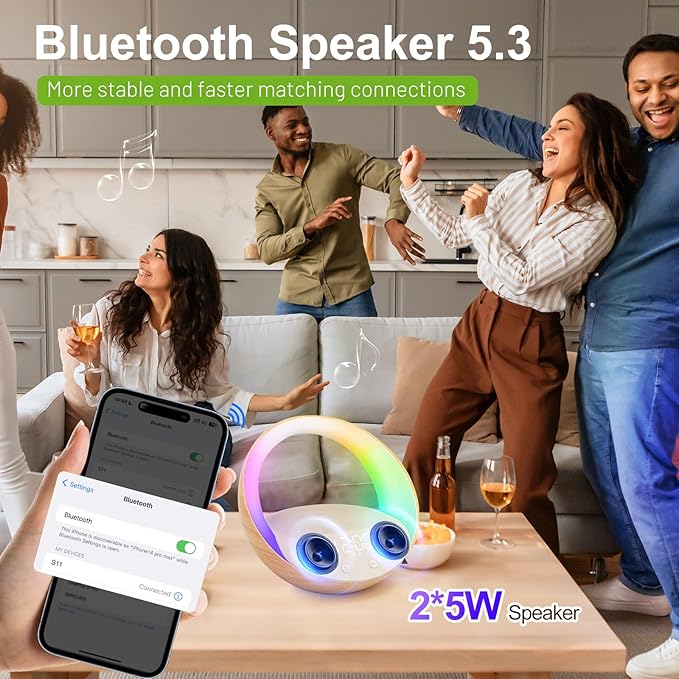 FUNFOR Bluetooth Alarm Clock, Sunrise Simulation Wake Up Night Light, 15W Fast Wireless Charging Alarm Clock for Bedroom, 10W Bluetooth Stereo Sound Speaker, USB Charger Port