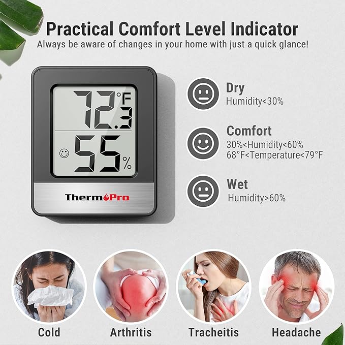 TempPro TP49 3 Pieces Digital Hygrometer Indoor Thermometer Humidity Meter Mini Hygrometer Thermometer with Temperature and Humidity Monitor Room, Black (Previously ThermoPro)
