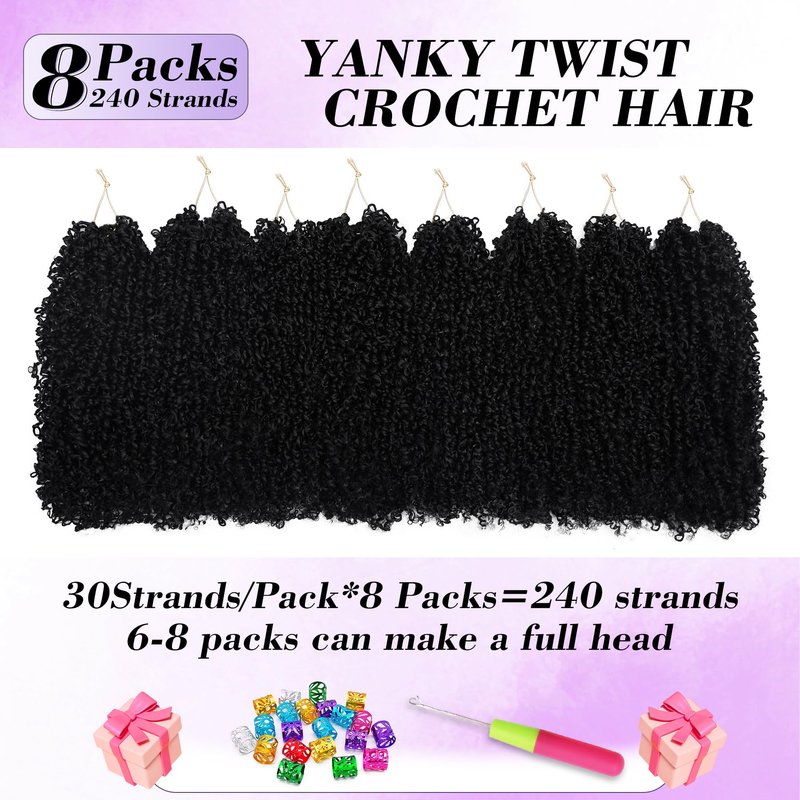 Yanky Twist Crochet Hair for black women 12 Inch 8 Packs 30 Stands/Pc,Pre-looped Fluffy Spring Mini Twist Passion Twist Natural Black Synthetic Crochet Braids Braiding Hair(12 Inch, 1B-8P)