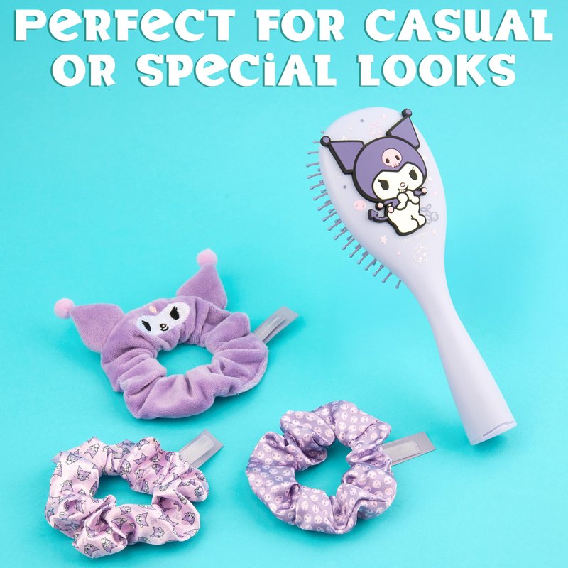 Hello Kitty Sanrio Hair Brush & Scrunchies Set, Kawaii Kuromi, Cinnamoroll Cute Stuff, Detangler Brush, Gifts for Women, Wife, Girlfriend, Girls, Teens (Kuromi Brush & Scrunchies)