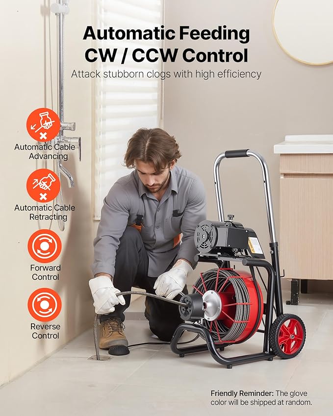 VEVOR Drain Cleaner Machine 100FT x 3/8 Inch, Auto Feed Sewer Snake Auger on Wheels, 370W Portable Drain Cleaning Machine with 8 Cutters & Air-activated Foot Switch for 2" to 4" Pipes