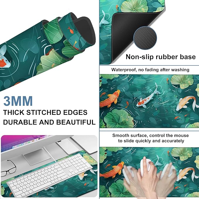 NITAHHHY Colorful Koi Fish Gaming Mouse Pad 3mm Thick Stitched Edge Waterproof Non-Slip Large Computer Keyboard Mouse Mat,Suitable for Office Entertainment Decorative Desk Pad 35.4 x 15.7 Inches