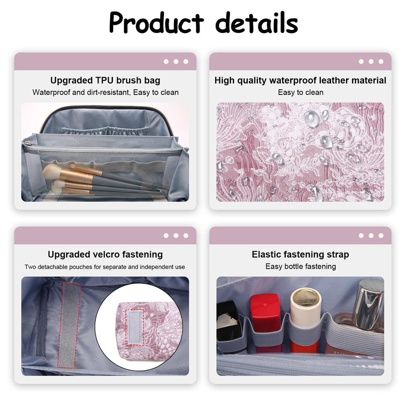 BOYATU Travel Makeup Bag for Women: Large Capacity Make up Bag with Compartments - Vegan Leather Cosmetic Bag set of 3 - Waterproof Toiletry Bag with Handle & Divider(E-1-Purple)