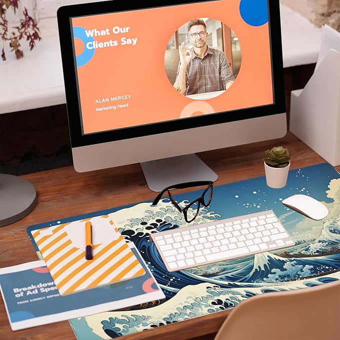 Eflxamz Desk Mat,Blue Japanese Sea Wave Desk Pad,Japanese Sea Wave Large Gaming Mouse Pad for Desk,Extended Big Computer Keyboard Mouse Pad with Non-Slip Base and Stitched Edge,35.4"x15.7"