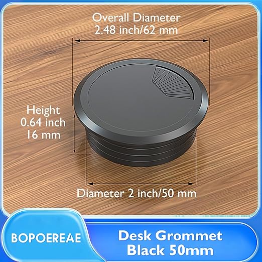 BOPOREAE Desk Grommet 2" (50 mm), Desk Cord Hole Cover, Cable Grommet ABS Plastic, Desk Hole Grommet for Office and Home Table Cable, Detachable Adjustable Cable Cord Organizer (Black 2 Pcs)