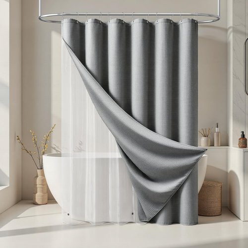 Dynamene Grey Shower Curtain and Liner Set, Waffle Weave Fabric, Waterproof Clear Liner, 256GSM Heavy Duty Weighted Hotel Luxury Shower Curtains for Bathroom with 12 Plastic Hooks, 72Wx72H