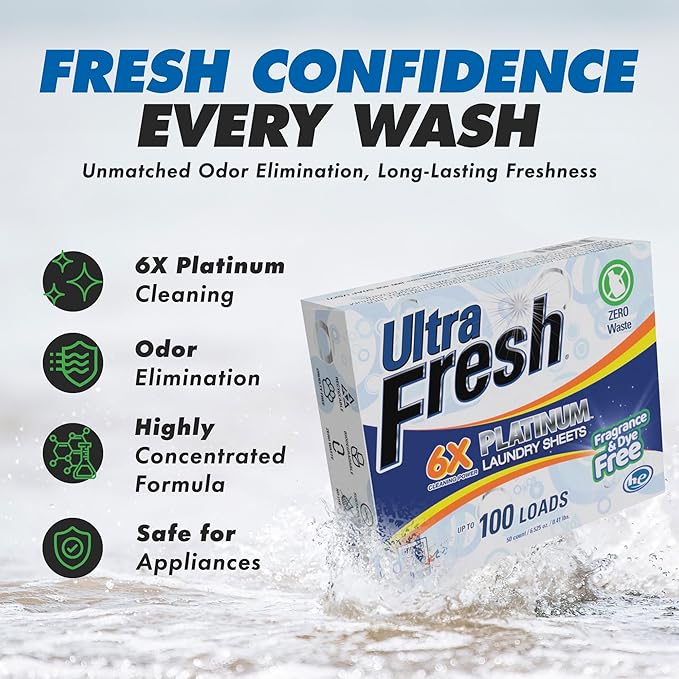 Ultra Fresh Platinum 4 Pack Laundry Soap Detergent Sheets, Ultra Concentrated, Stain Fighting, Fragrance & Dye Free, 400 Loads