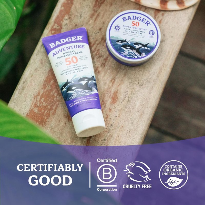 Badger Reef Safe Mineral Sunscreen SPF 50 - 98% Organic, Non-Toxic, Water Resistant, Unscented | 2.9 fl oz
