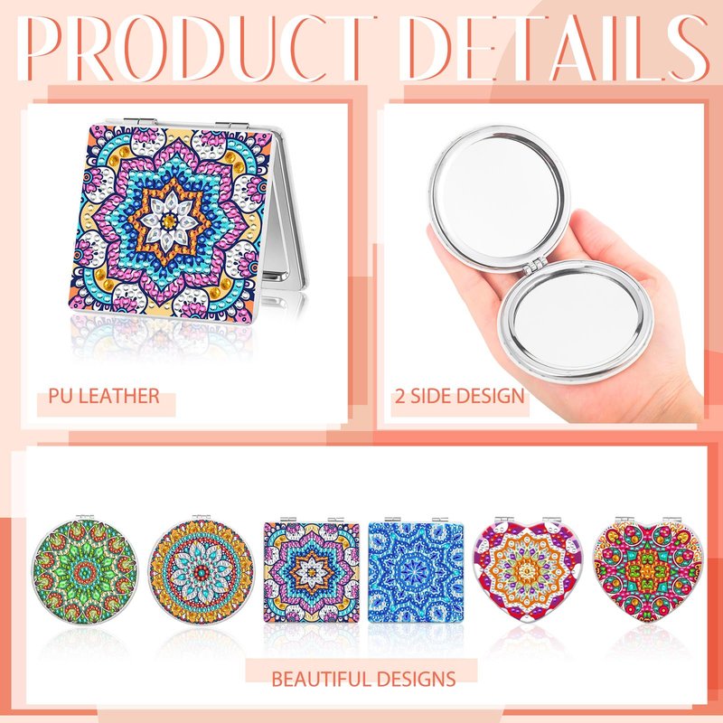 Thyle 6 Pcs Painting Compact Mirror DIY Painting Pocket Portable Folding Purse Mirror with Magnification Diamond Art Kits for Women Gifts