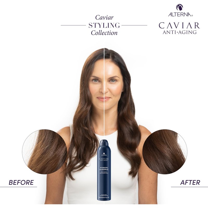 Alterna Caviar Working Hairspray | Buildable, Brushable Hold | Helps Control Frizz & Adds Shine | Sulfate Free, 7.4 Fl Oz (Packaging May Vary)
