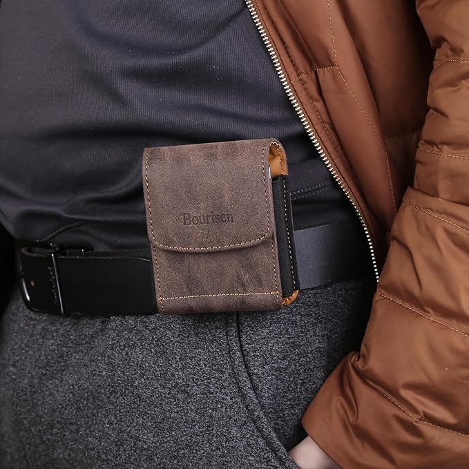 Bourisen Universal Phone Holster Phone Pouch Case Belt Clip Belt Loops Card Slot Faux Leather For Man for Samsung Galaxy Z Flip 5/4/3 Motorola Razr Plus Razr+ 2023 (Brown&Yellow, XS(3.7"x3.1"x1.1"))