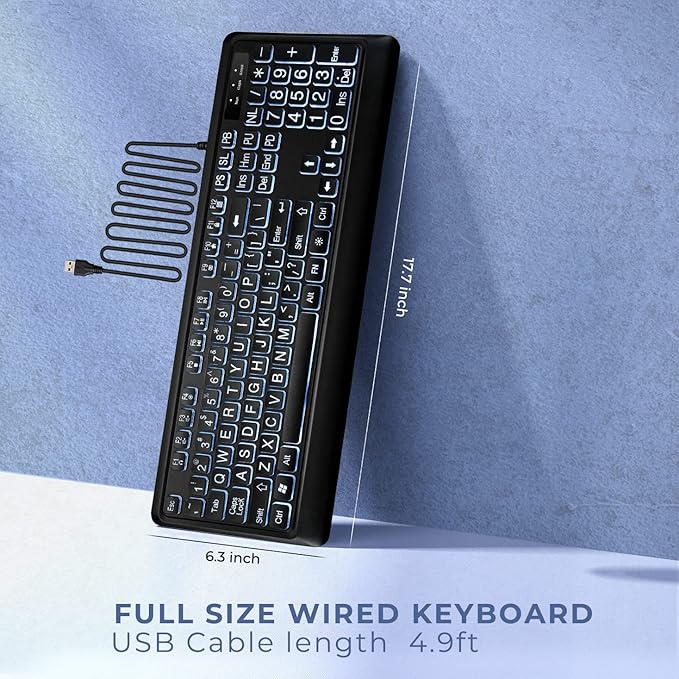 KOPJIPPOM Large Print Backlit Keyboard, USB Wired Computer Keyboard, Full Size Keyboard with White Illuminated LED Compatible for Windows Desktop, Laptop, PC, Gaming, Black