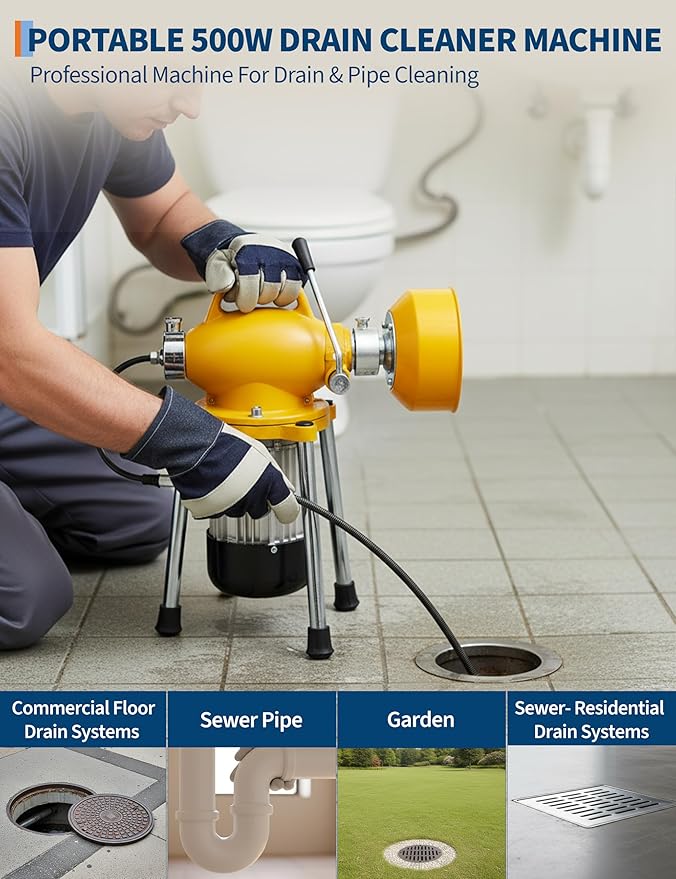 Portable Drain Cleaning Machine, 500w Auto Feed Electric Drain Cleaner Machine Auger Sewer Snake with 66 FT x 5/8" & 16 FT x 3/5" Steel Cables & 6 Cutters for Kitchen Bathroom 1.6"-4" Pipes