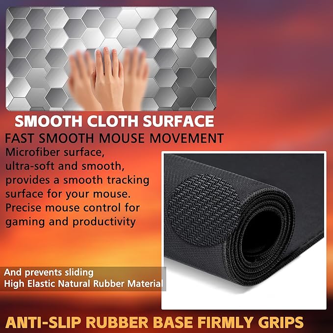 KOAIWPAE Large Gaming Mouse Pad for Desk, Silver Technology Honeycomb Desk Mat, Sci-Fi Honeycomb Desk Pad, 31.5"x15.7" Extended Big Computer Keyboard Mouse Pad with Non-Slip Base and Stitched Edge
