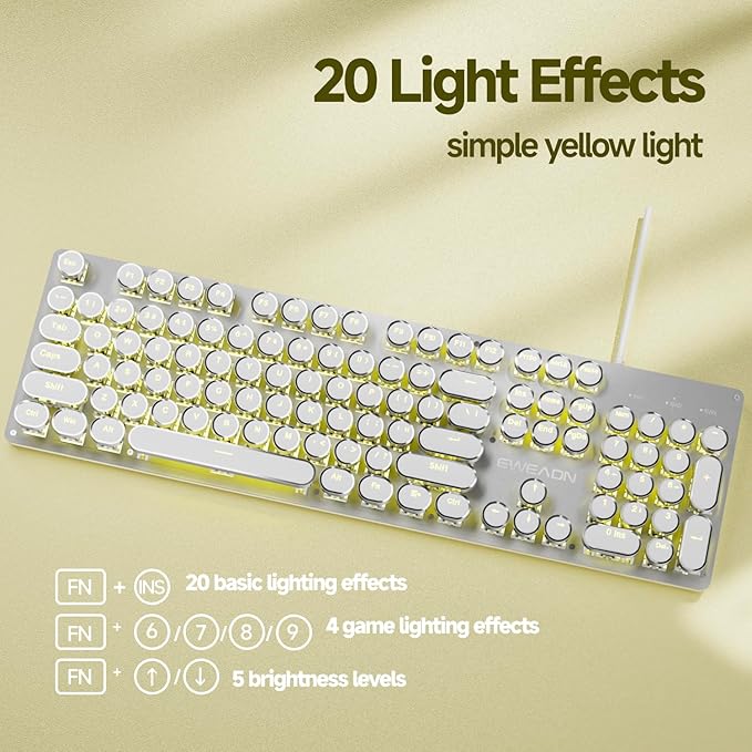 SEUNKWANG EWEADN TK100 Typewriter Style Wired Mechanical Keyboard, 104 Keys Aesthetic Typewriter Keyboard with Yellow Backlit, Anti-Ghosting, Blue Switch Cool Keyboards-White