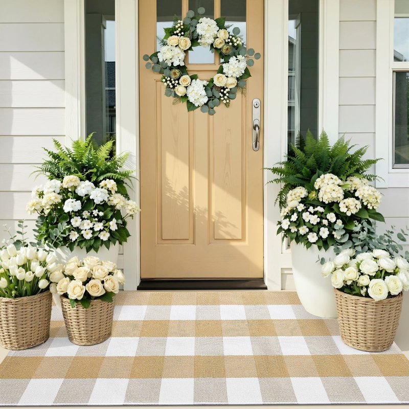 OLANLY Buffalo Plaid Rug 2' x 4'3" – Beige and White Cotton Checkered Doormat, Washable Indoor Outdoor Rug for Layered Front Porch, Kitchen, Entryway Decor