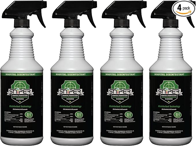 SNiPER Hospital Disinfectant, Odor Eliminator & All-Purpose Cleaner, Made in the USA, 32 Ounce Spray, 4-pack