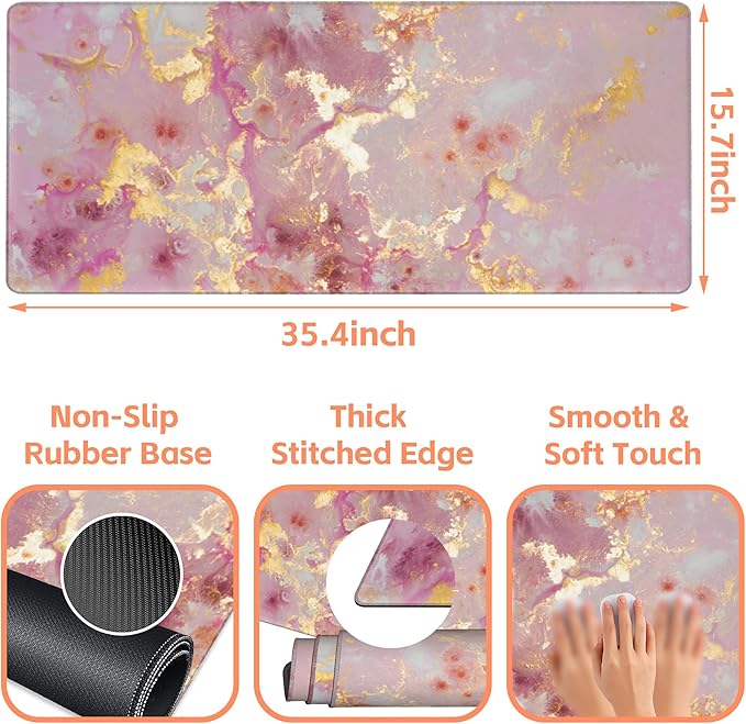 NIYLYNSYN Mouse Pad Large Pink and Gold Marble Non-Slip Gaming Desk Mat with Stitched Edge Laptop Keyboard Desk Pad for Work Home Gaming (35.4 x 15.7 Inches)