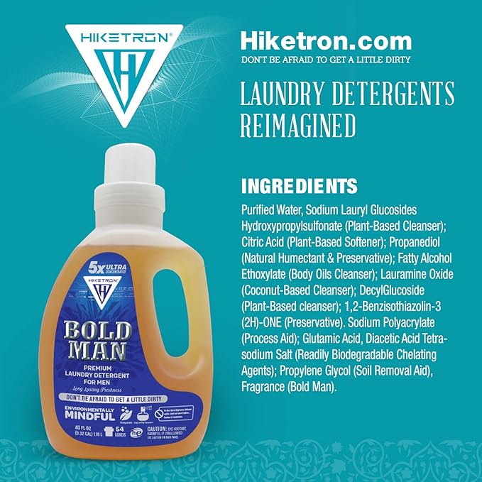 Hiketron Bold Man Liquid Laundry Detergent, 5x Ultra Concentrated, Tough Stains Remover Washing Detergent, Long Lasting Masculine Scent (40 Fl Oz, Pack of 1)