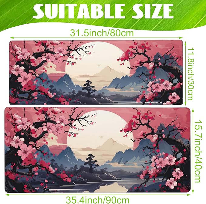 Eflxamz Desk Pad,Pink Cherry Blossom Tree Desk Mat,Mountains and Sun Large Gaming Mouse Pad for Desk,Extended Big Computer Keyboard Mouse Pad with Non-Slip Base and Stitched Edge,35.4"x15.7"