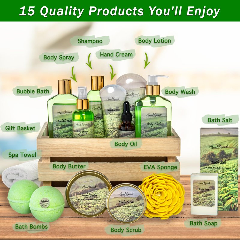 Aqua Elegante Full Spa Gift Set - 15 Piece Premium Bath Basket with Wash, Bubbles, Lotion, Salts, Body Scrub, Towel, Shower Puff, Bathbombs, Reusable Basket, Gifts for Women - Green Tea & Lemongrass