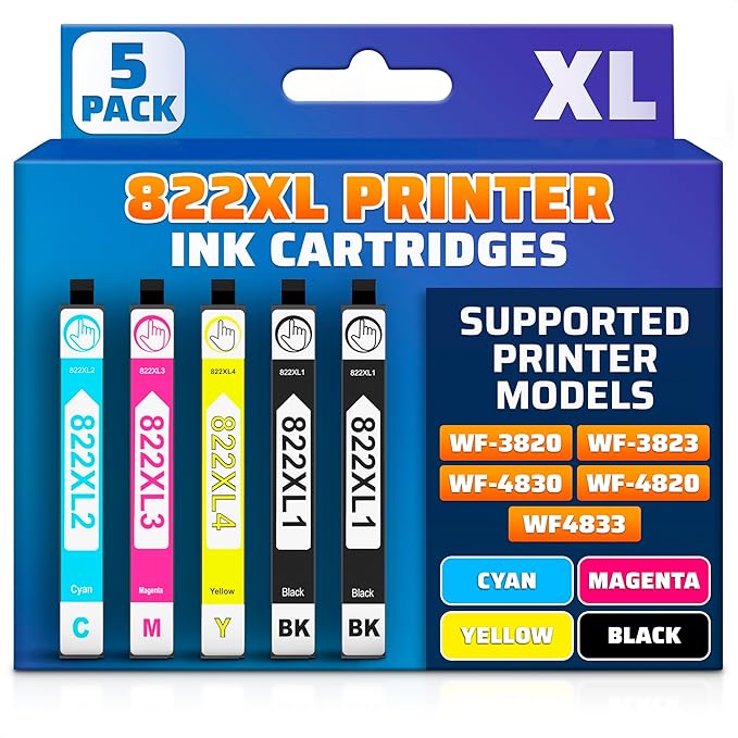 Reluen 5-Pack 822XL High Capacity Ink Cartridges – Replacement Set (2 Black, 3 Color: Cyan, Magenta, Yellow)