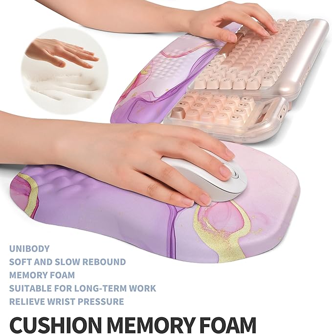 Gleamtide 2-in-1 Ergonomic Set, Wave Keyboard Wrist Rest and Massage Slope Mouse Pad Wrist Support, Rebound Memory Foam for Relieve Carpal Tunnel Syndrome and Wrist Pain (Pink Purple Marble)
